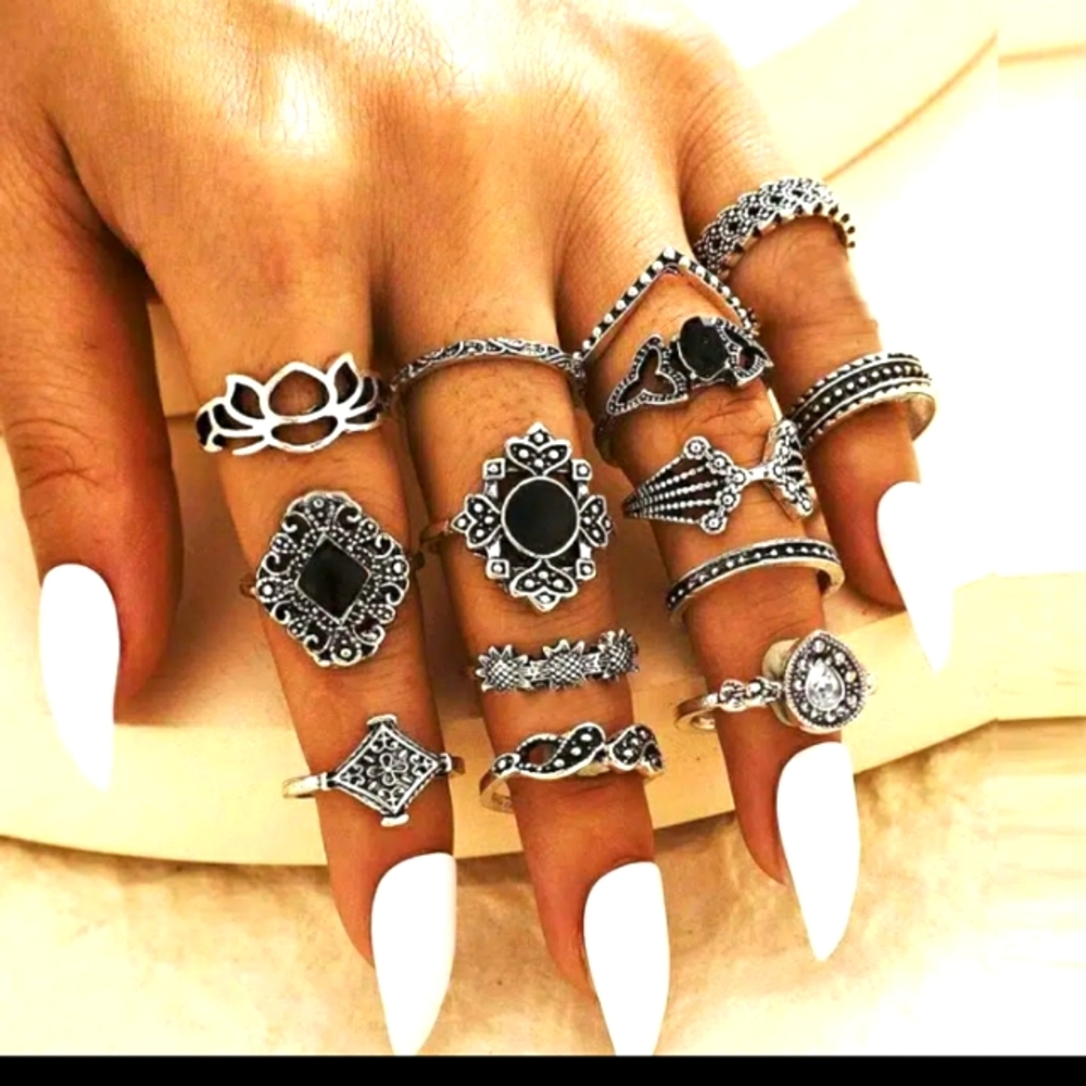 14 pc New Black Stones Silver Ring Set